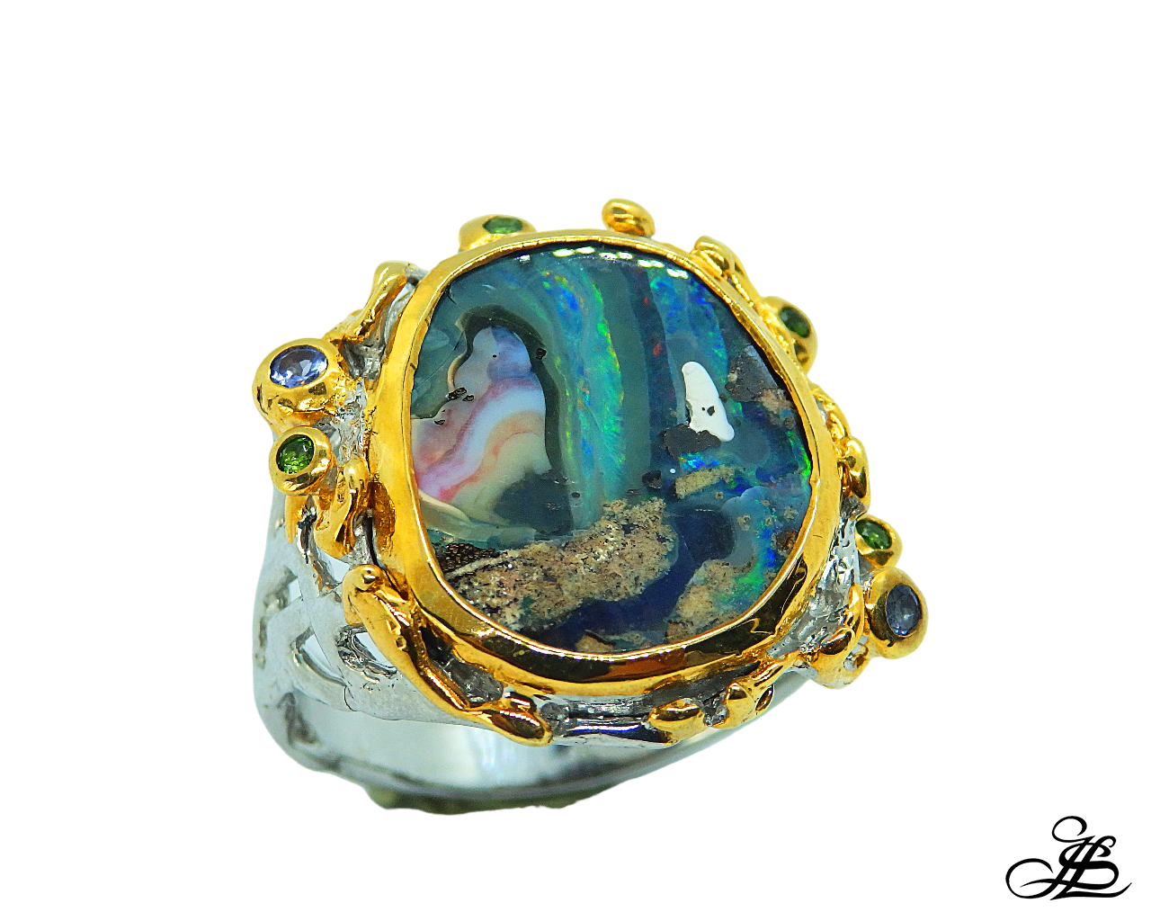 Anillo con ópalo boulder, tanzanitas y cromodiópsidos